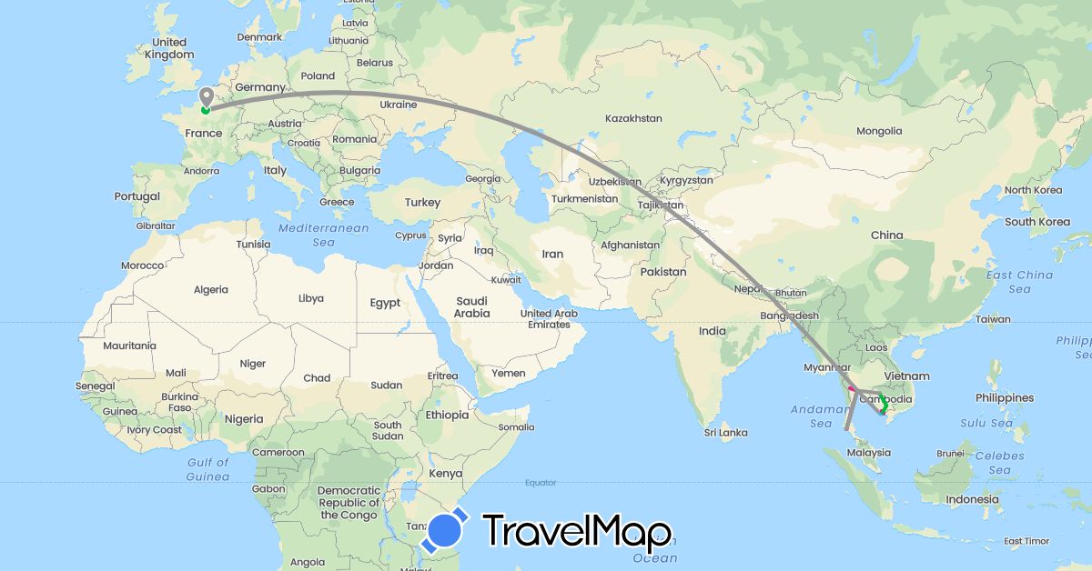 TravelMap itinerary: driving, bus, plane, boat, minibus in France, Cambodia, Thailand, Vietnam (Asia, Europe)